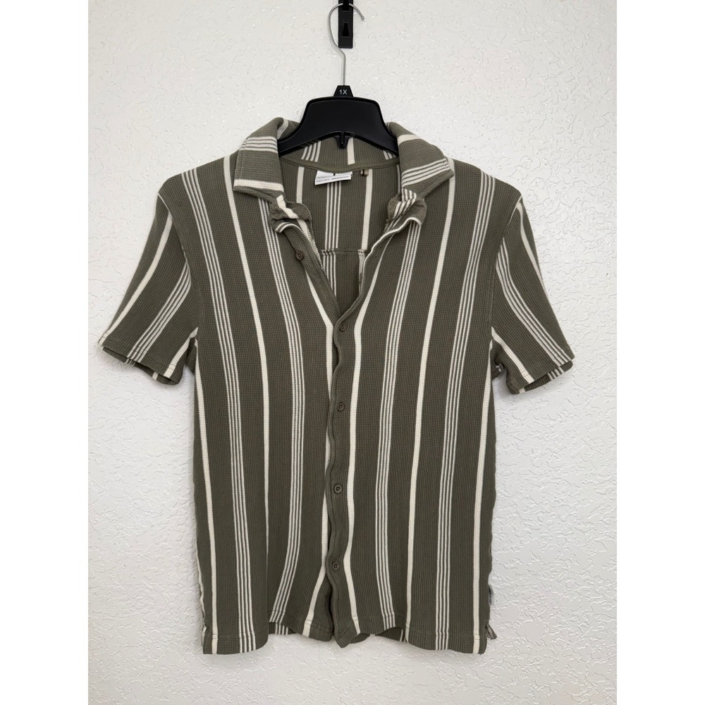 Larsson & Co Olive Green White Striped Waffle Knit Button Down Shirt XL